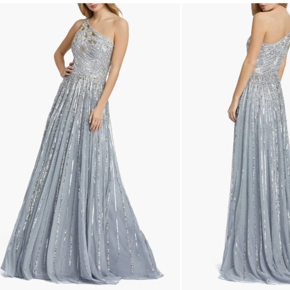 MAC DUGGAL 5220 ONE SHOULDER A-LINE PLATINUM GOWN sz 4 - Picture 1 of 6